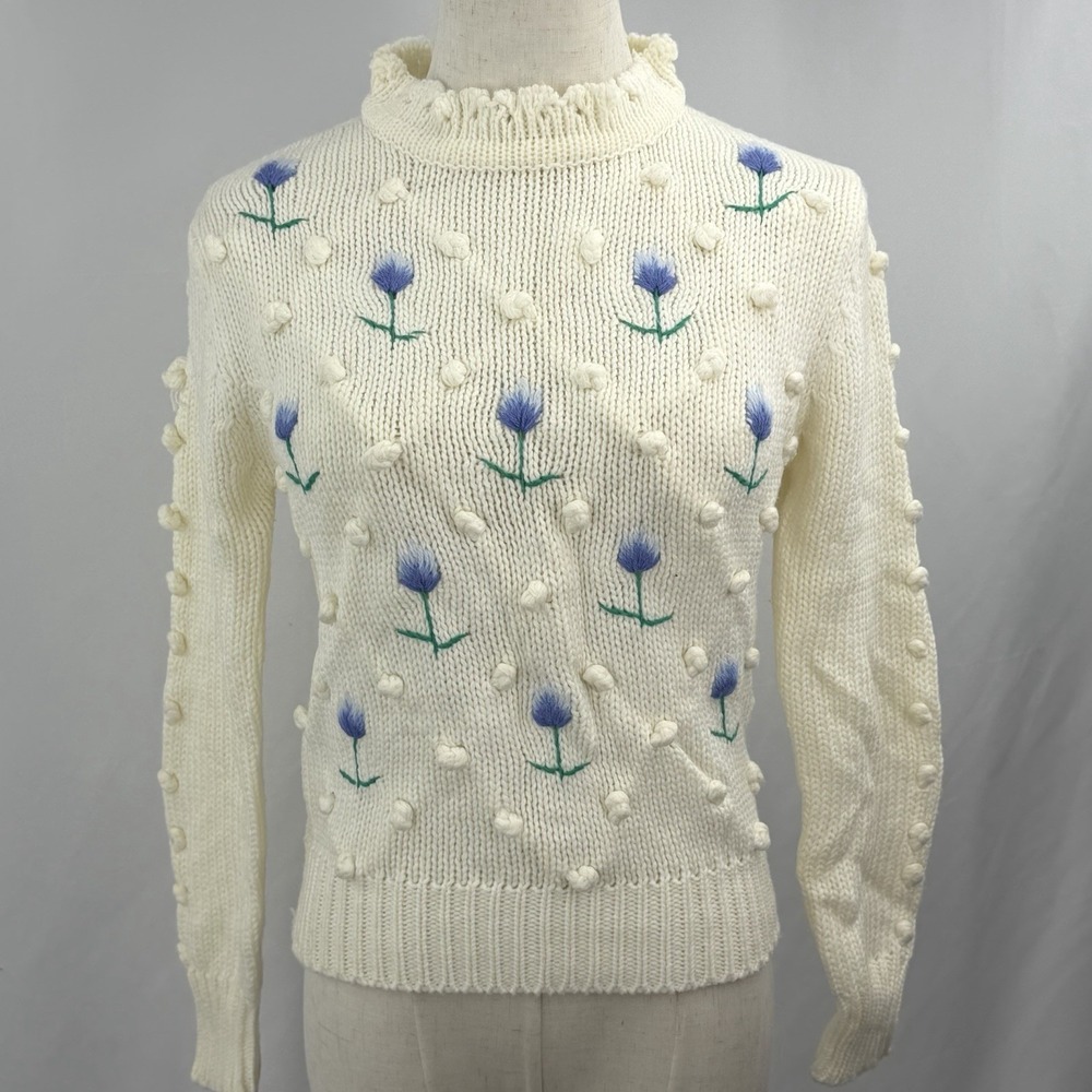 Vintage 80s Floral Knit‎ Sweater 3D Bobble Mock Neck Cottagecore Size Medium